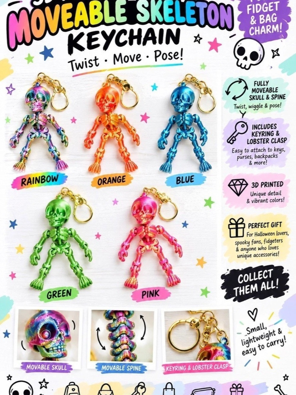 mint 3D Printed Moveable Skeleton Key Chain Bag Charm